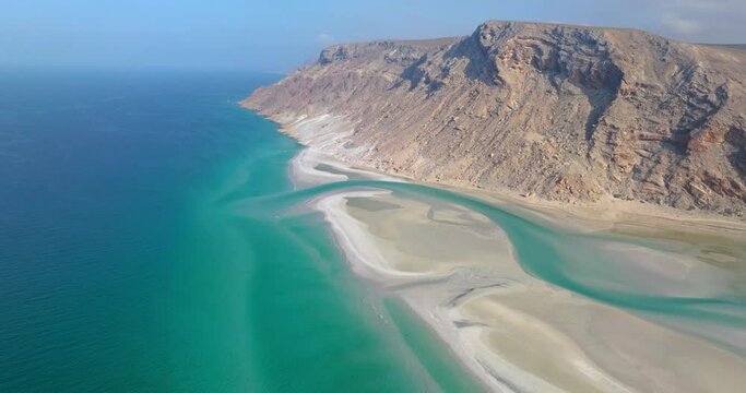 Scenic Detwah Lagoon With Turquoise Water On The Coast Of Socotra, Yemen - Aerial Shot