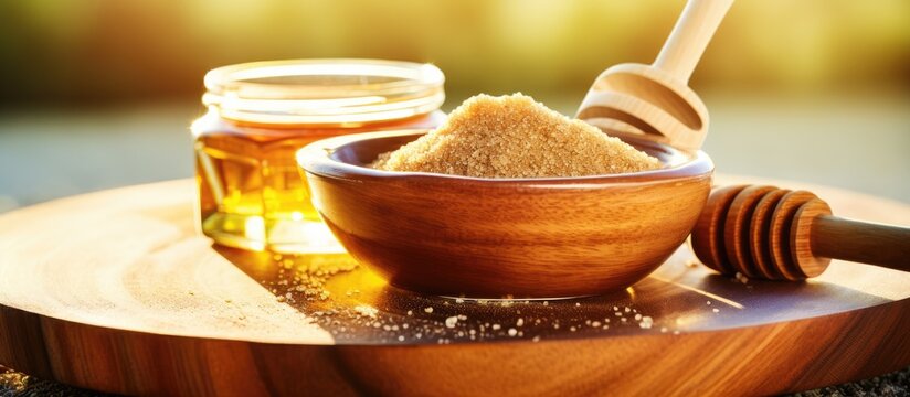 Brown sugar, honey, and olive oil combined in a glass bowl on a wooden chopping board make a natural lip scrub.