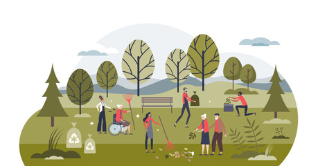 Eco volunteer movement and garbage picking to save nature tiny person concept, transparent background. Environmental trend to clean forests from litter, trash and rubbish illustration.
