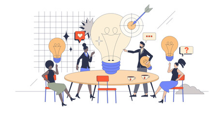 Creative brainstorming and new idea generation retro tiny person concept, transparent background. Innovative business meeting with teamwork and partnership discussion illustration.