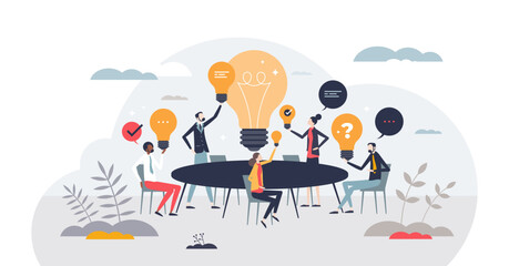 Creative brainstorming and innovative idea meeting tiny person concept, transparent background. Business collaboration with new vision and successful breakthrough for company illustration.