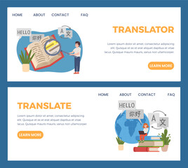 Translator, landing page template, vector banner in flat cartoon style