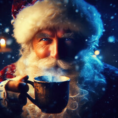 Santa Claus closeup portrait with a cup of tea / coffee