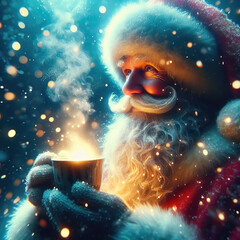 Santa Claus closeup portrait with a cup of tea / coffee