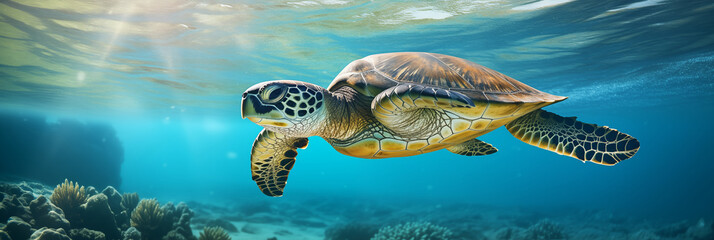 Panorama. Konzept zum Tag des Artenschutzes. Unterwasseransicht einer schwimmenden Meeresschildkröte im Ozean. Platz für Text - obrazy, fototapety, plakaty