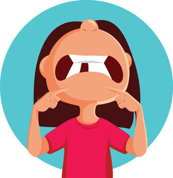 Toddler Girl Missing a Tooth Vector Funny Cartoon illustration. Unhappy kid losing baby teeth feeling sore 

