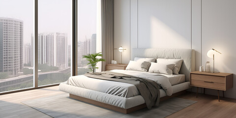 Interior of cozy minimalist bedroom in luxury apartment with city view, "Luxurious Minimalist Bedroom with Panoramic City View"
