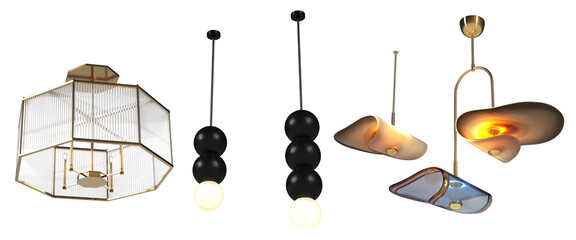 chandelier on the ceiling isolated on white background, hanging lamp, pendant light, 3D illustration, cg render