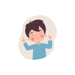 Cute child boy with closed eyes points finger up flat style