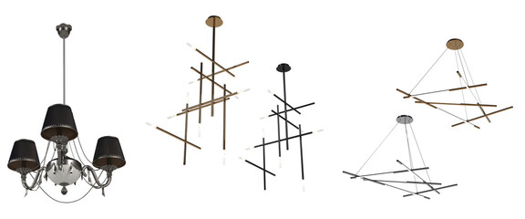 chandelier on the ceiling isolated on white background, hanging lamp, pendant light, 3D illustration, cg render