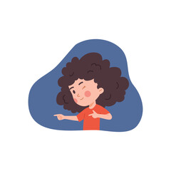Girl point finger to something and winks, cartoon vector on white