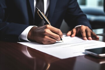 Manos de hombre de negocios firmando un documento oficial, enfoque en pluma dorada y papel