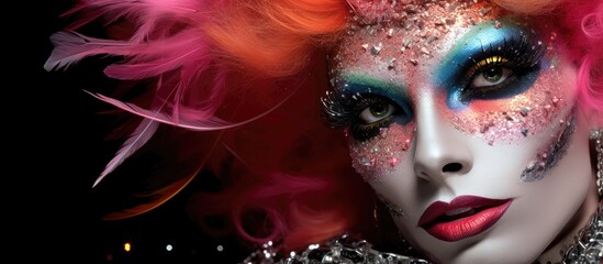 Extravagant drag queen reflecting in creative makeup.