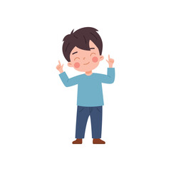 Boy hand pointing forefinger to the top, showing to the up with closed eyes, vector child makes gesture paying attention