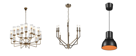 chandelier on the ceiling isolated on transparent background, hanging lamp, pendant light, 3D illustration, cg render