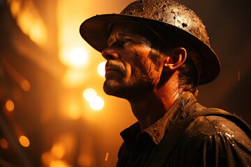 Portrait of a man firefighter, on the background of a fire