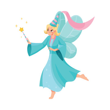 Girl Fairy Godmother with Wings and Magic Wand Flying as Good Fairytale Character Vector Illustration