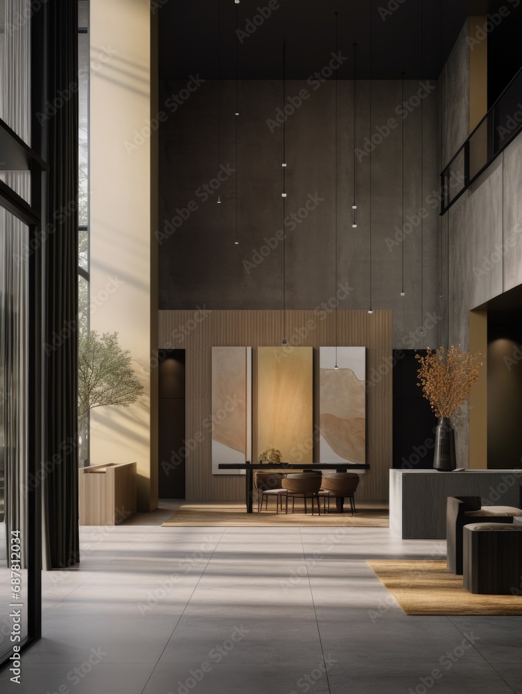 Poster a modern lobby with a large window and a large table. generative ai.