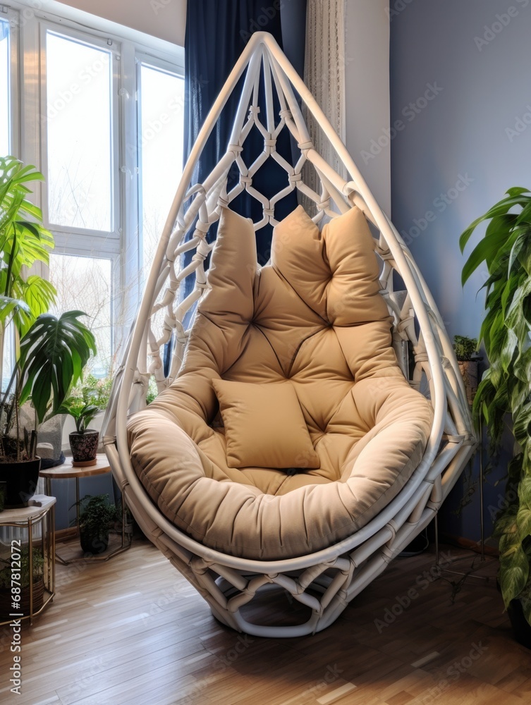 Aufkleber a hanging chair with a cushion in front of a window. generative ai.