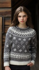 A woman wearing a sweater with snowflakes on it. Generative AI.