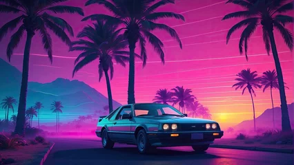 Foto op Canvas Retro car on the road with palm trees and mountains in the background © i7 Binno