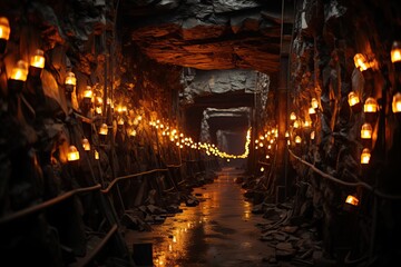 An underground mine with coal, the mine is lit and old and dilapidated.