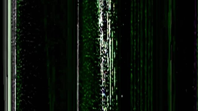 Real VHS noise. Glitch transition. Videotape rewind. Green purple white color analog grain stripes flicker distortion on dark black abstract free space background.