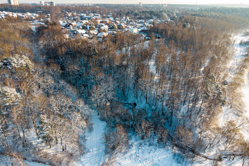 Winter snowy countryside landscape from above