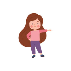 Cute little girl points with finger to side flat style, vector illustration