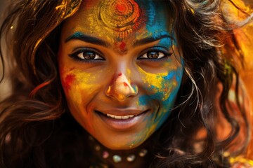 Indian festival of colors Holi. Portrait of a girl with glasses and colored paint on her face. Holiday. Joy.