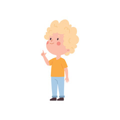 Little boy looking up and pointing finger.