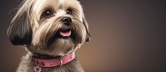 10-year-old male Lhasa Apso wears collar after vet removes skin tumor. - obrazy, fototapety, plakaty
