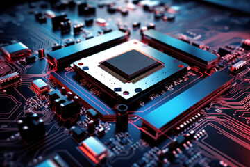 Fototapeta premium Close-up of an electronic board with a processor or chip. Development of computer technologies. Modern electronics production.