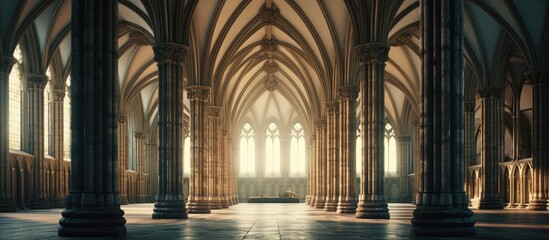 Gothic interior decor in Salisbury Cathedral, including ceiling, columns, nave, and vaults. - obrazy, fototapety, plakaty