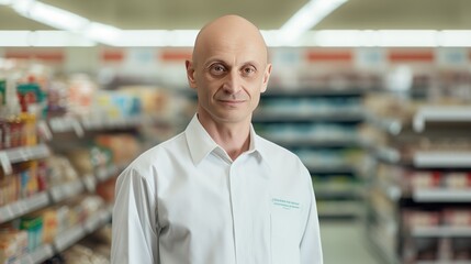 A bald working manager looks at the camera at supermarket operations, Supermarket Manager At Checkout