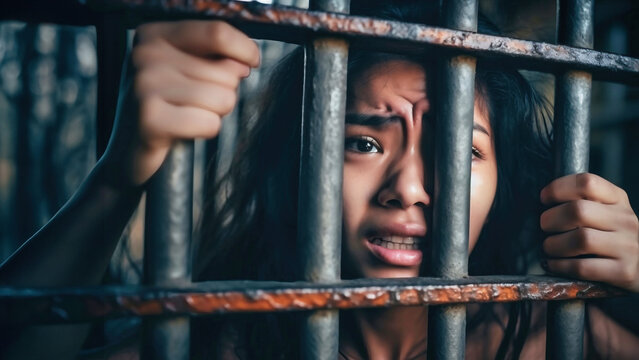 The woman ran into prison bars in horror. The pain and suffering of a person imprisoned for a crime.