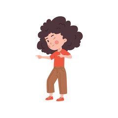 Girl hands pointing forefingers on the left side, playfully showing, vector cartoon child makes gesture paying attention
