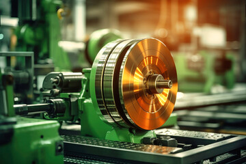 Obraz premium Photo of a detailed shot of industrial machinery in a manufacturing plant. Modern metal processing at an industrial enterprise. Manufacturing of high-precision parts and mechanisms.