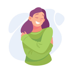 Woman Character Hug Herself Taking Care and Show Importance of Oneself Vector Illustration
