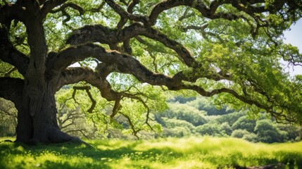 Close up majestic old oak tree giving shade in the springtime,  - obrazy, fototapety, plakaty