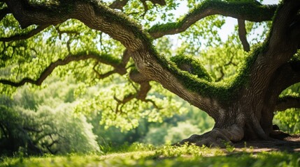 Fototapeta na wymiar Close up majestic old oak tree giving shade in the springtime, 
