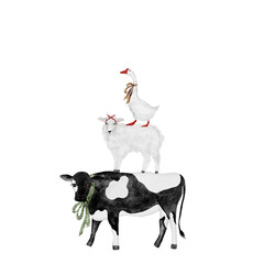 Watercolor illustration of a pyramid of domestic animals. Farm cow, sheep and goose stand on top of each other. Illustration for height gauges and kitchen textiles.