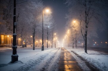 Snowy Evening on an Urban Boulevard with Streetlights