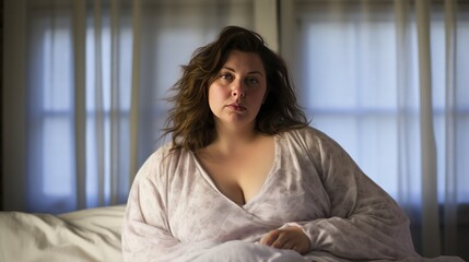 a chubby woman in her thirties wearing a loose nightgown sitting on a bed, 