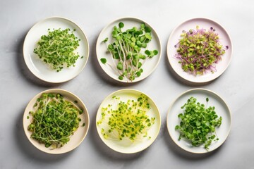 Variety of microgreen sprouts on black table, fresh vegan healthy food.