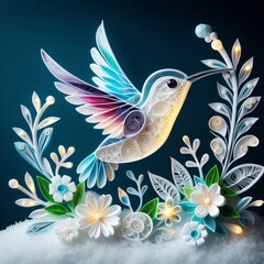 Obraz premium A breathtaking 3D illuminated icy felt quilling bird hummingbird, soaring through a vivid aurora-filled sky, its feathers reflecting the vibrant hues of the Northern Lights, flying over a frozen lake 
