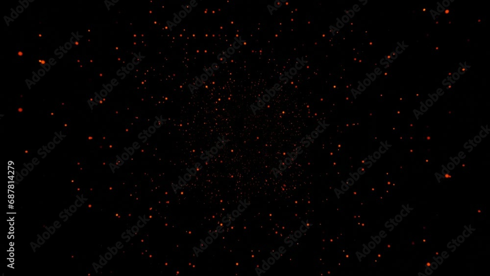 Poster moving forward through particles flashing red-orange on a black background. looping abstract animati