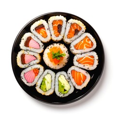 Set of sushi rolls on white background, top view.