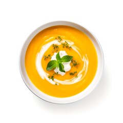 Bowl of pumpkin soup on white background, top view.