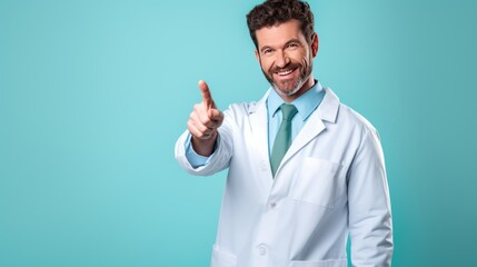Smiling happy doctor pointing with finger on light blue background 